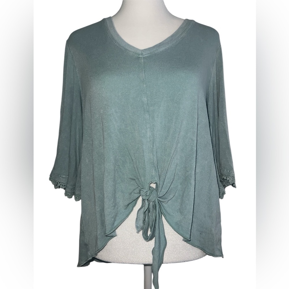 Altar'd State Front Tie Crochet Lace Flutter Sleeve Hem Womens Sz S Sage Green